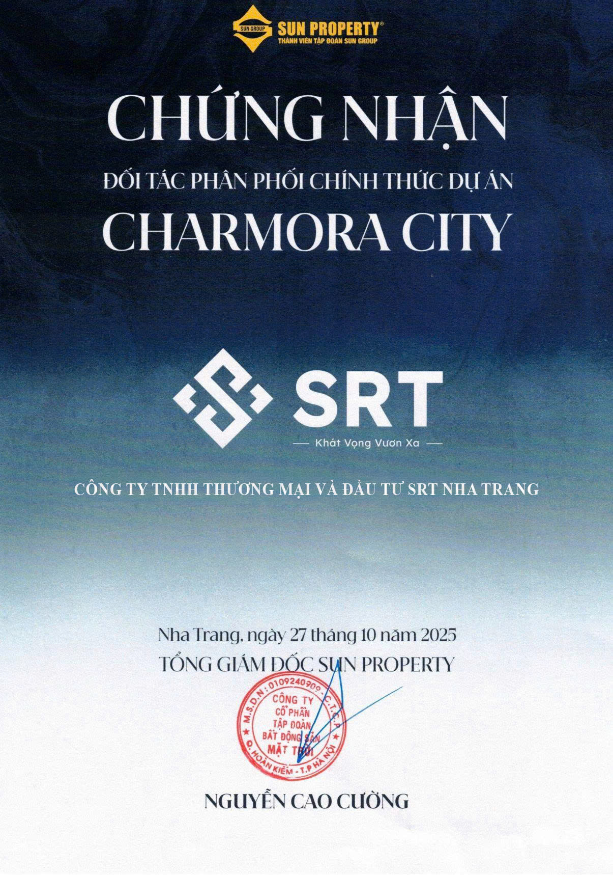 Giấy Chứng Nhận SRT Nha Trang Đối Tác Phân Phối Chính Thức Dự Án Charmora City tại Nha Trang